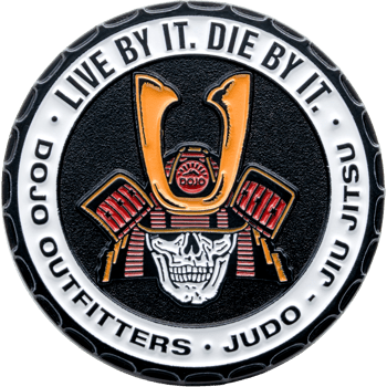 Round challenge coin featuring a samurai skull design with the text Dojo Outfitters, Judo, and Jiu Jitsu around the border.