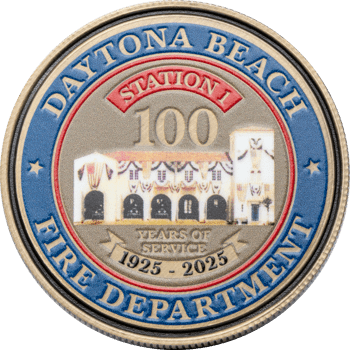 Daytona Beach Fire Department Station 1 100 years of service challenge coin featuring a fire station building and 1925-2025 dates.