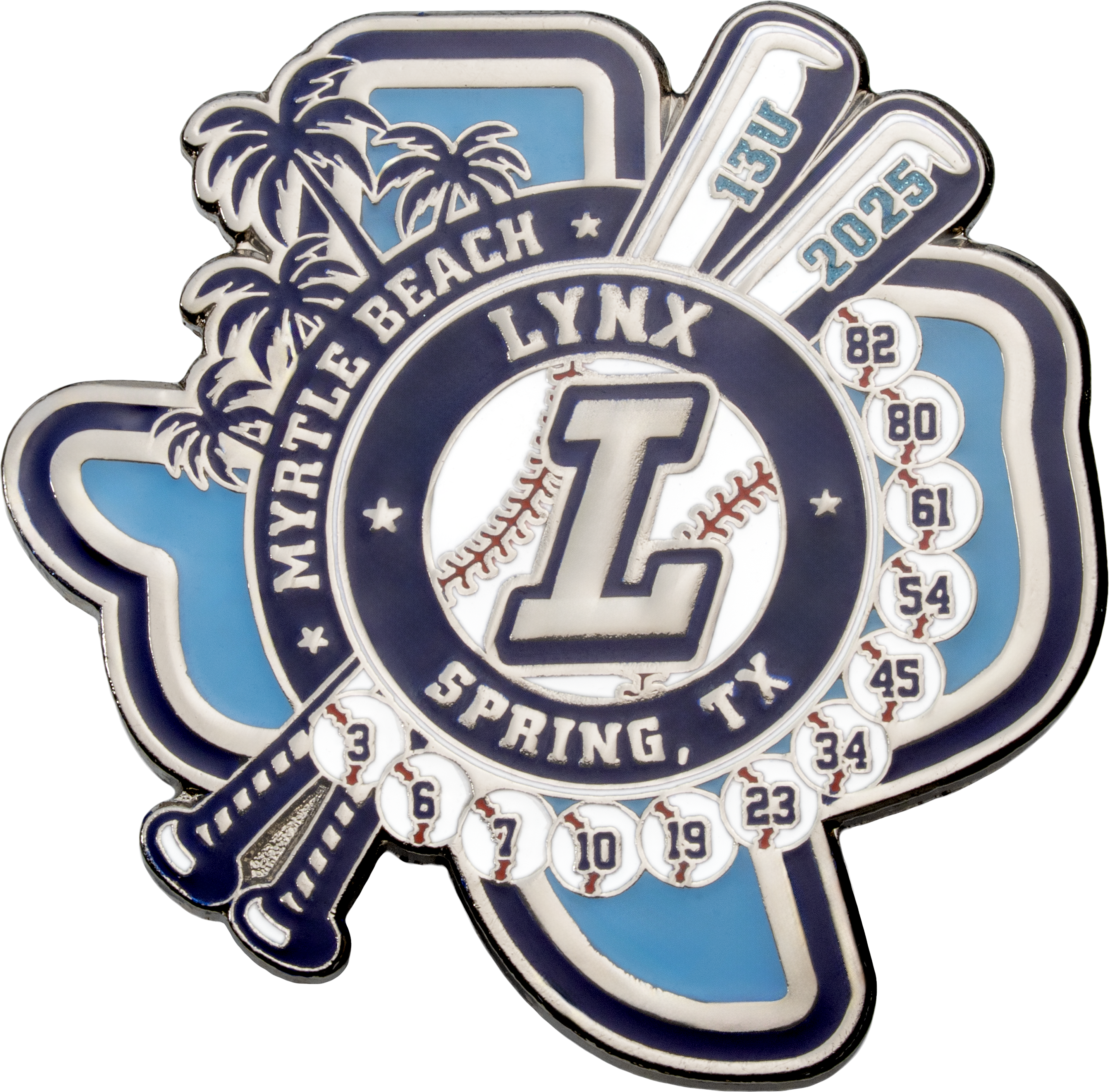 Soft enamel lapel pin for Lynx baseball in Spring, Texas and Myrtle Beach, featuring bats, palm trees, and player numbers on baseballs.