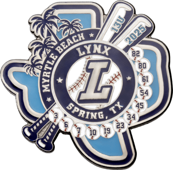 Soft enamel lapel pin for Lynx baseball in Spring, Texas and Myrtle Beach, featuring bats, palm trees, and player numbers on baseballs.