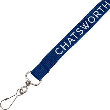 Royal blue woven lanyard with white Chatsworth text and a metal swivel j-hook attachment.