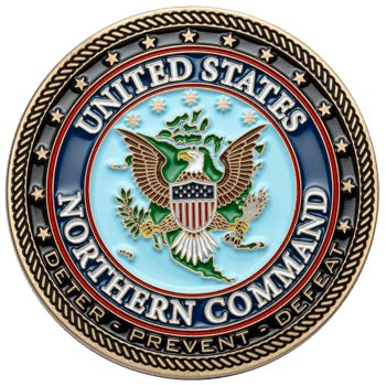 United States Northern Command challenge coin featuring a bald eagle emblem over a map of North America with a rope edge border.