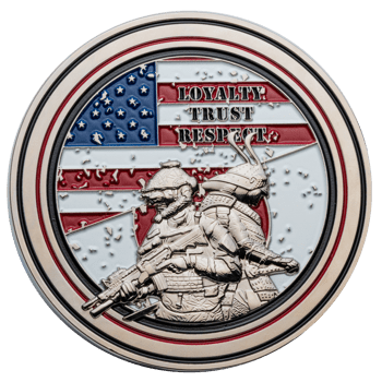 Circular challenge coin featuring a modern soldier and samurai over an American flag with the words Loyalty, Trust, and Respect.