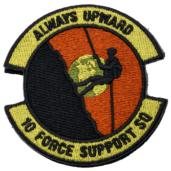 Embroidered patch for 10 Force Support SQ featuring a silhouette of a rock climber against an orange and black background with the text Always Upward.