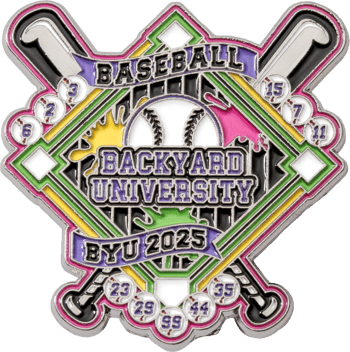 Backyard University BYU 2025 baseball lapel pin with crossed bats, a diamond, and player numbers in a colorful enamel design.