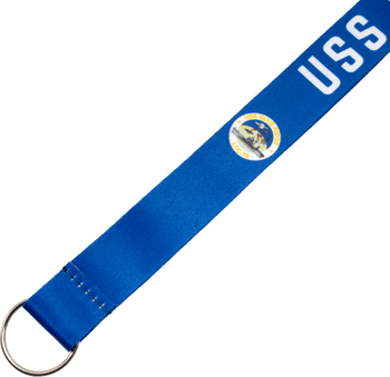 Blue fabric keychain lanyard with silver keyring featuring USS text and USS Blue Ridge LCC-19 circular crest.