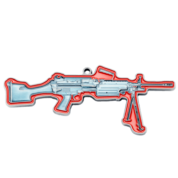 Custom die-cast lapel pin shaped like a light machine gun with a red enamel border and silver-toned finish.