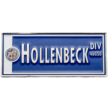 Rectangular blue and white lapel pin featuring Hollenbeck Division text and the City of Los Angeles seal.