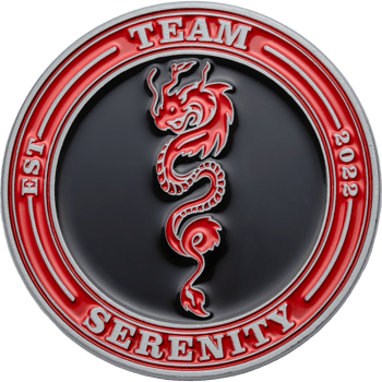 Round challenge coin featuring a red dragon on a black background with Team Serenity Est 2022 text in a red border.