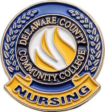 Circular lapel pin for Delaware County Community College Nursing featuring a blue border with gold laurels and a central flame emblem.