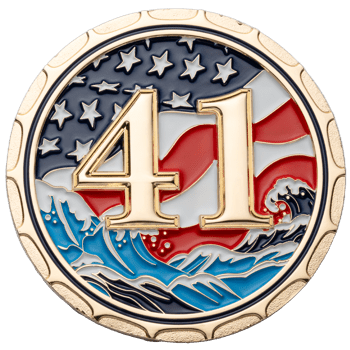 Circular challenge coin featuring a gold number 41 over an American flag background and stylized blue ocean waves.