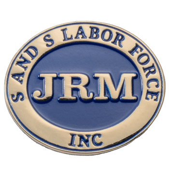 Gold and blue lapel pin featuring JRM and S and S Labor Force Inc text with a polished finish.