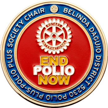 Rotary District 5230 End Polio Now challenge coin with red and blue enamel detailing.