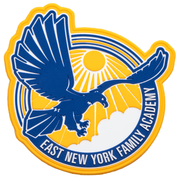 Custom PVC patch for East New York Family Academy featuring a blue eagle soaring in front of a yellow sun.