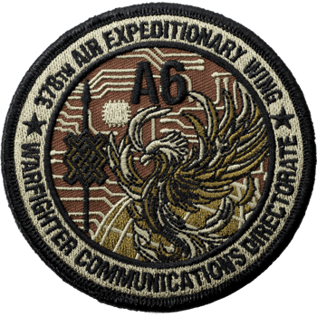 Circular embroidered patch for the 378th Air Expeditionary Wing A6 Warfighter Communications Directorate featuring a phoenix and circuit board design.