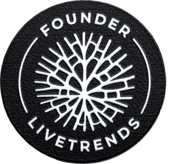 Round black and white patch or emblem featuring a leaf vein pattern surrounded by the words Founder LiveTrends.