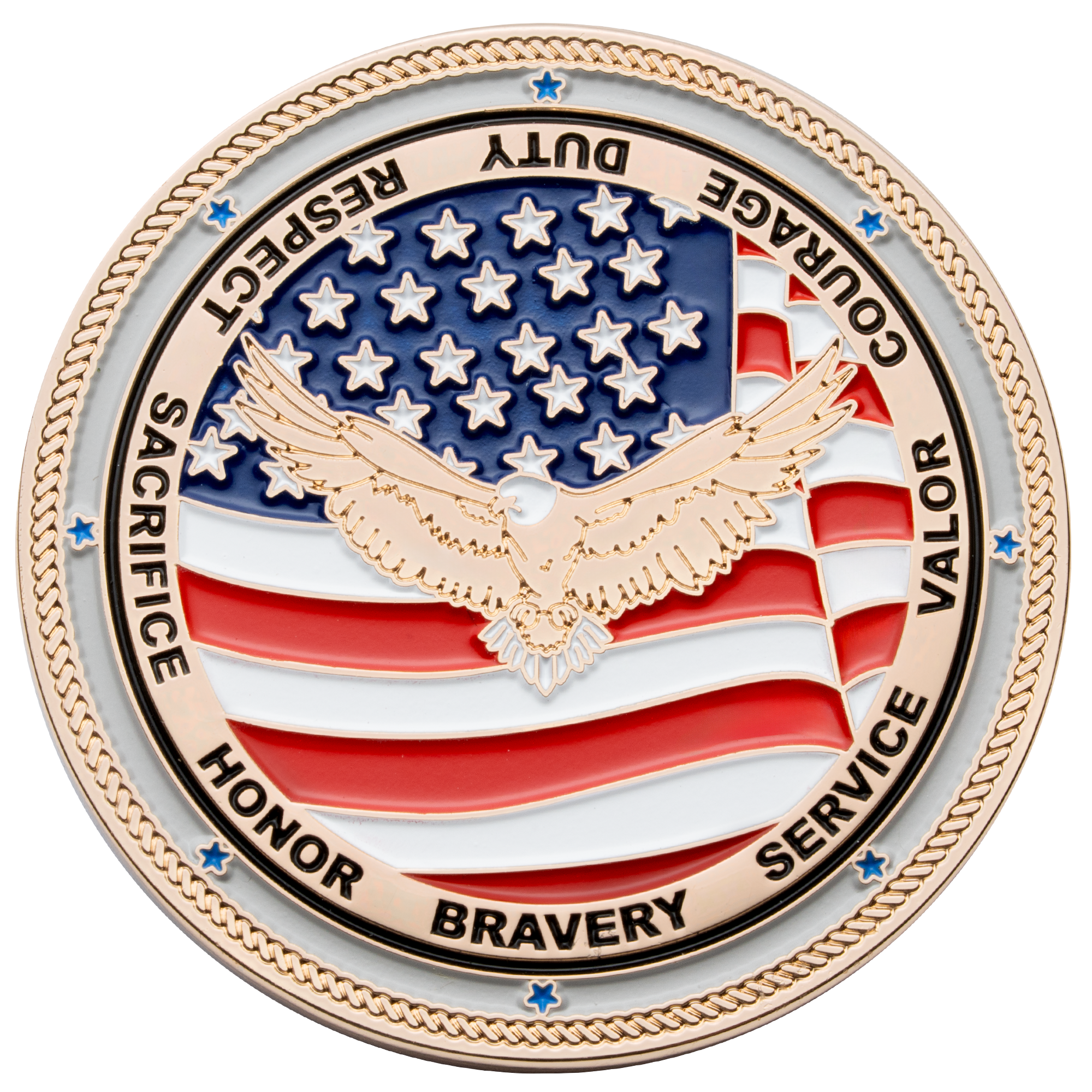 Circular challenge coin featuring a golden bald eagle over a red, white, and blue American flag with a rope border and values inscribed around the edge.