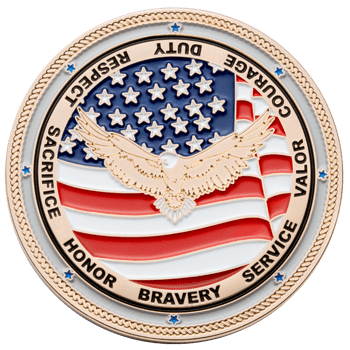 Circular challenge coin featuring a golden bald eagle over a red, white, and blue American flag with a rope border and values inscribed around the edge.