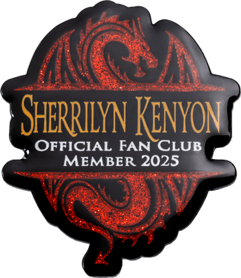 Custom black printed lapel pin with red glitter dragon graphic and Sherrilyn Kenyon Official Fan Club Member 2025 text.