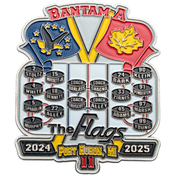 Custom hockey lapel pin featuring Bantam A, The Flags logo, and player rosters on hockey pucks with American and Canadian flags.