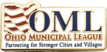 Rectangular lapel pin for the Ohio Municipal League with OML initials and an Ohio state outline containing flag stripes.