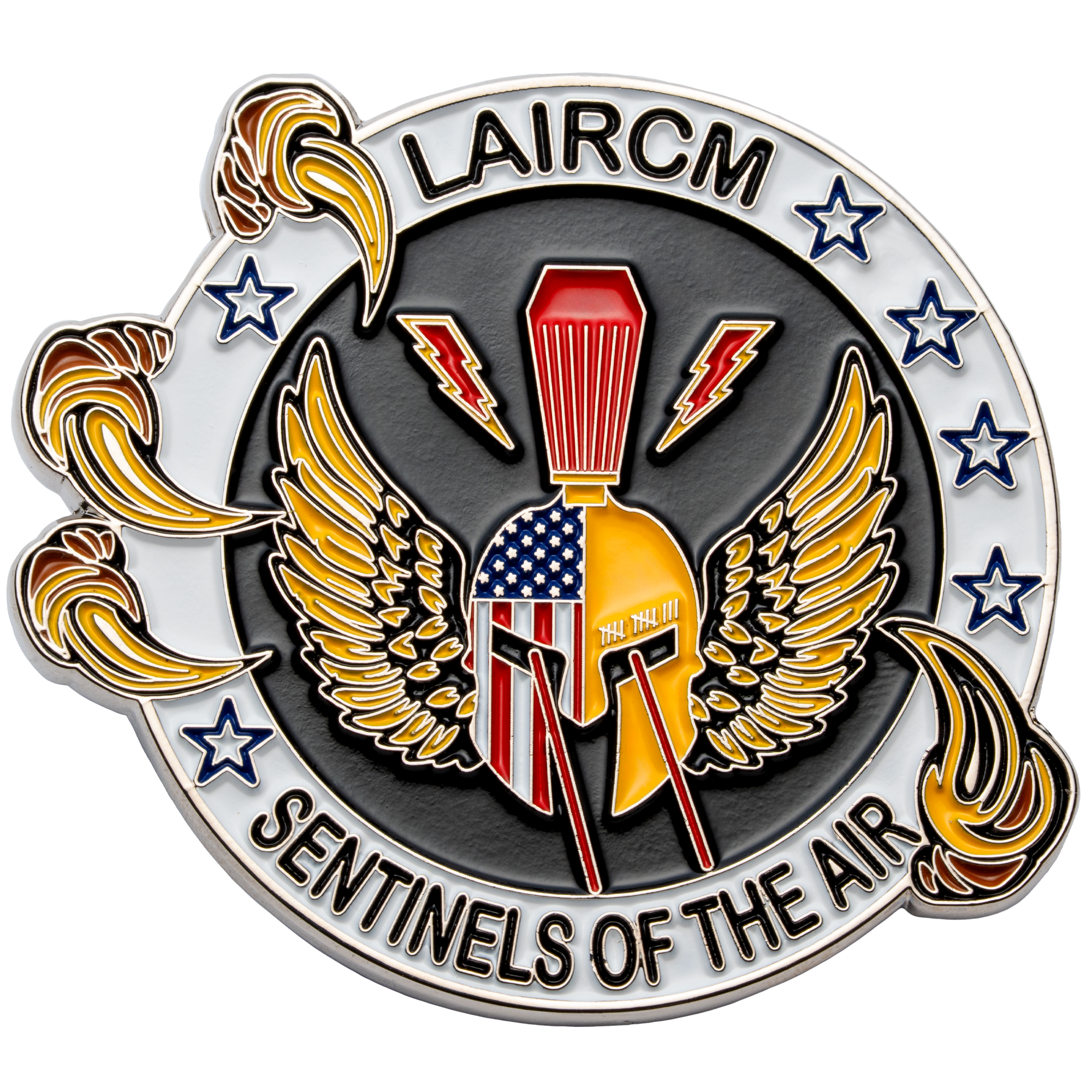 Circular challenge coin featuring a winged Spartan helmet with American flag patterns, lightning bolts, and the text LAIRCM Sentinels of the Air.