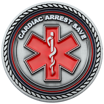Antiqued silver challenge coin featuring a red Star of Life and the text Cardiac Arrest Save with a rope border.