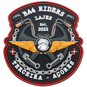 PVC patch for BA4 Riders Lajes featuring motorcycle handlebars, golden wings, pistons, and a chain border on a black and red background.