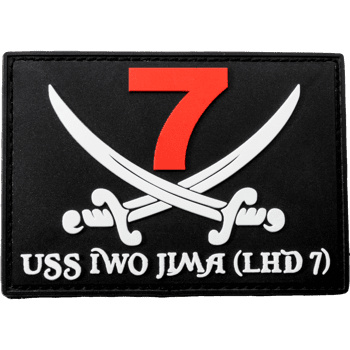 Rectangular PVC patch featuring crossed cutlasses under a red number seven for USS Iwo Jima (LHD 7).