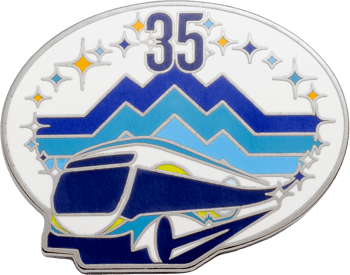 Oval lapel pin featuring the number 35 above a mountain range, stars, and a modern blue and white transit bus.