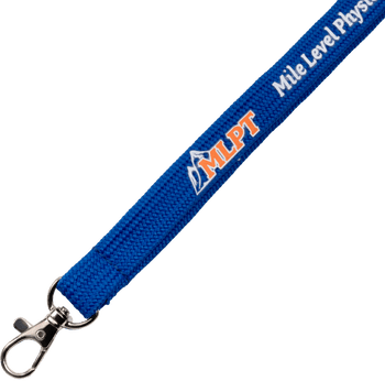 Royal blue woven lanyard with white and orange MLPT Mile Level Physical Therapy print and a metal swivel hook attachment.