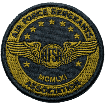 Circular embroidered patch for the Air Force Sergeants Association featuring gold wings, stars, and AFSA initials on a black background.