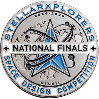 Silver StellarXplorers National Finals challenge coin with blue star and orbital paths for the 2024-2025 Space Design Competition.
