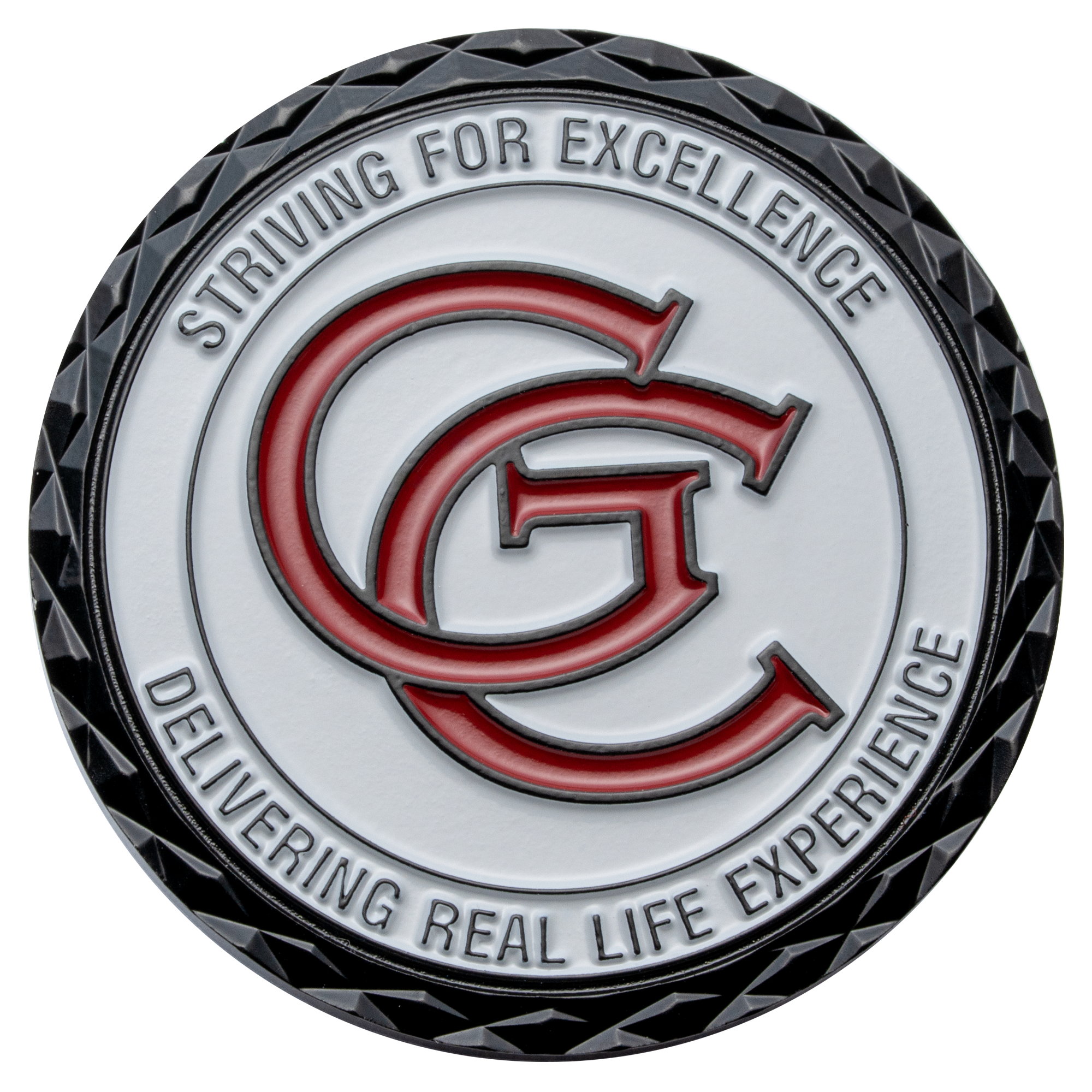 Circular challenge coin with red interlocking CG letters, white background, and black diamond cut edge.