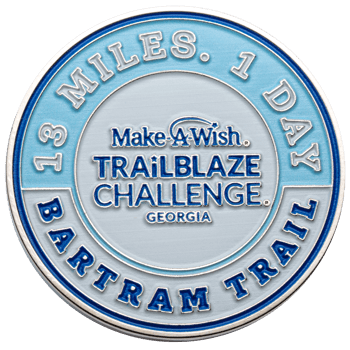 Round Make-A-Wish Trailblaze Challenge Georgia challenge coin featuring blue and white enamel with 13 Miles 1 Day Bartram Trail text.