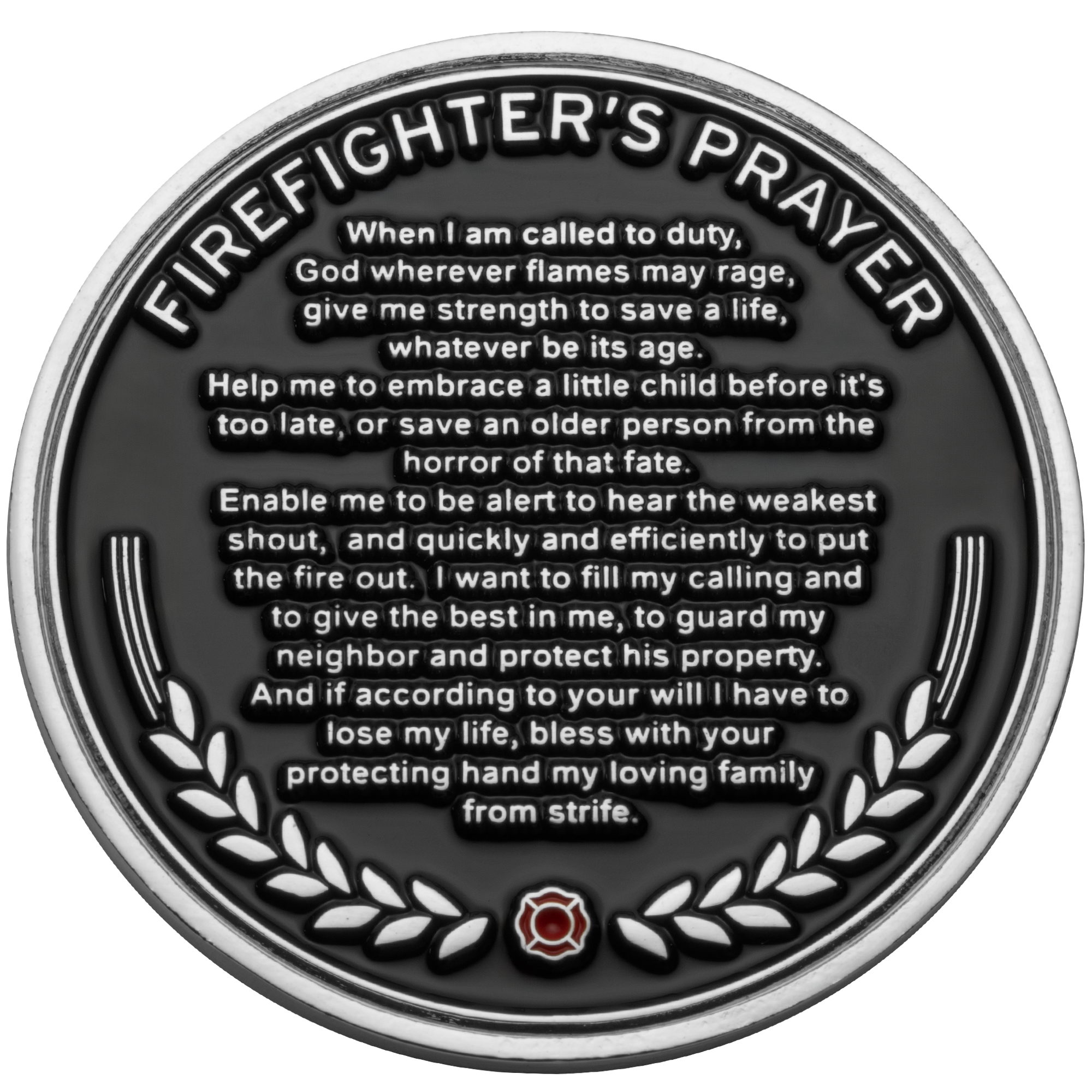 Firefighter's Prayer challenge coin featuring raised silver text on a black background with a laurel wreath and fire scramble icon.