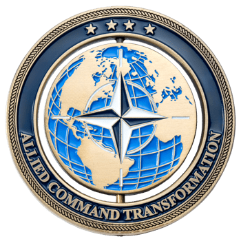 A circular brass spinner challenge coin featuring the Allied Command Transformation logo with a blue globe and compass star, bordered by four gold stars.
