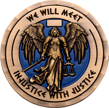 Custom bronze challenge coin featuring a winged figure holding a sword and scales of justice on a blue background.