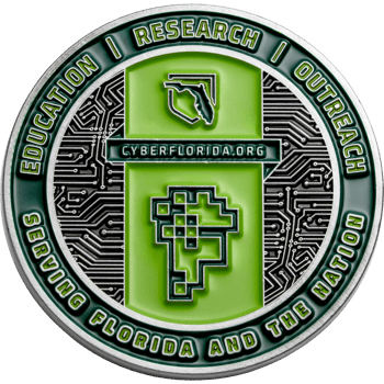 Silver and green Cyber Florida challenge coin featuring a circuit board background, Florida state outline, and pixelated map icon.