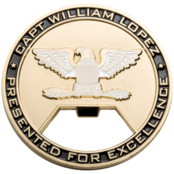 Gold-plated bottle opener challenge coin featuring an eagle emblem and 'Capt William Lopez Presented for Excellence' text on a black border.