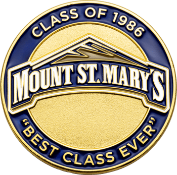 Mount St. Mary's Class of 1986 challenge coin with blue enamel, mountain graphic, and gold finish.