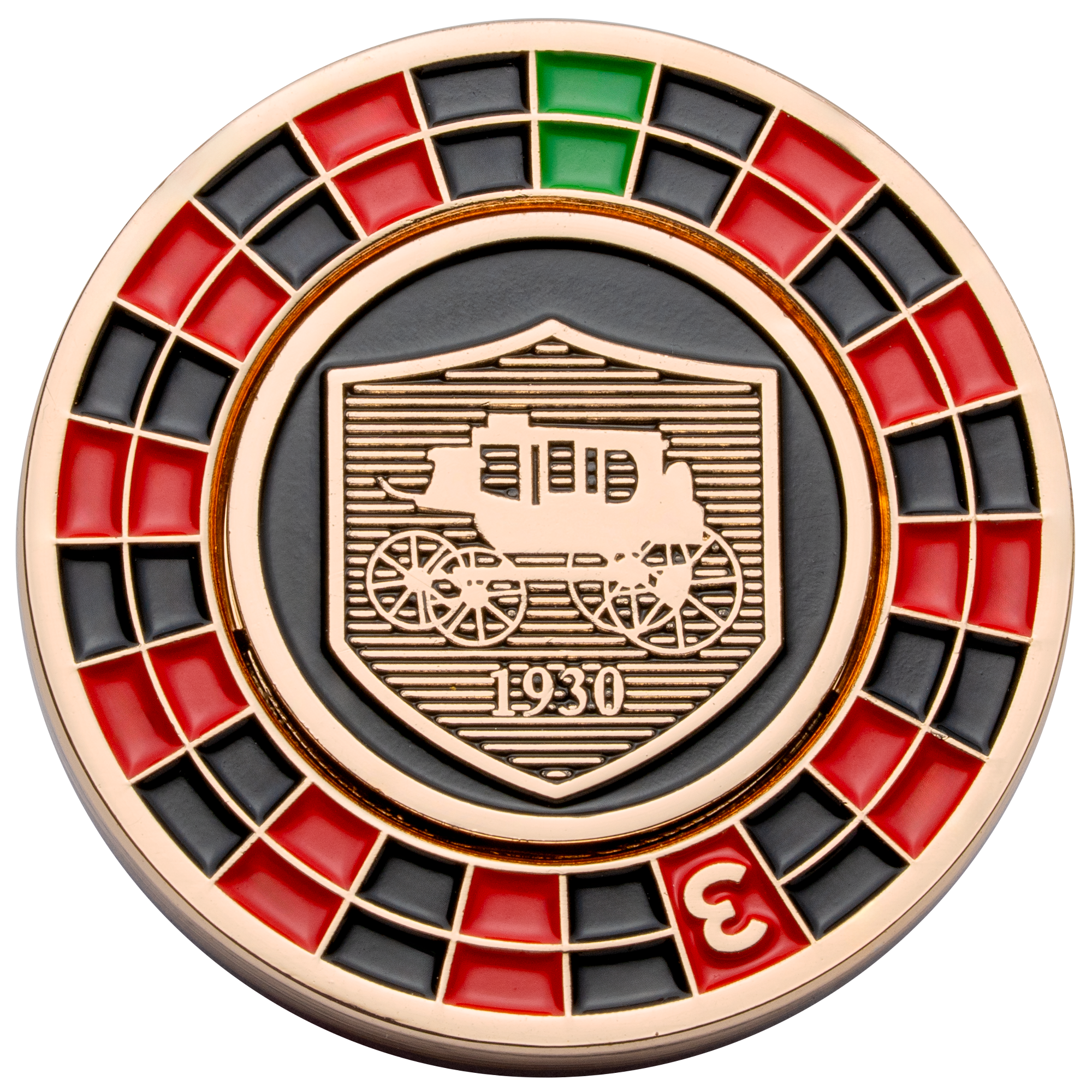 Challenge coin featuring a gold stagecoach shield with '1930' on a black background, surrounded by a red, black, and green roulette wheel border.