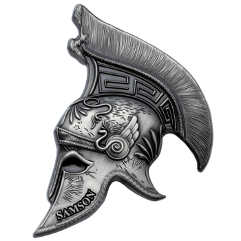 Antiqued silver Spartan helmet challenge coin featuring the name Samson, a winged serpent emblem, and Greek key patterns.