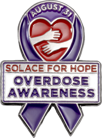 Purple awareness ribbon lapel pin for Solace for Hope Overdose Awareness featuring a red heart with embracing hands.