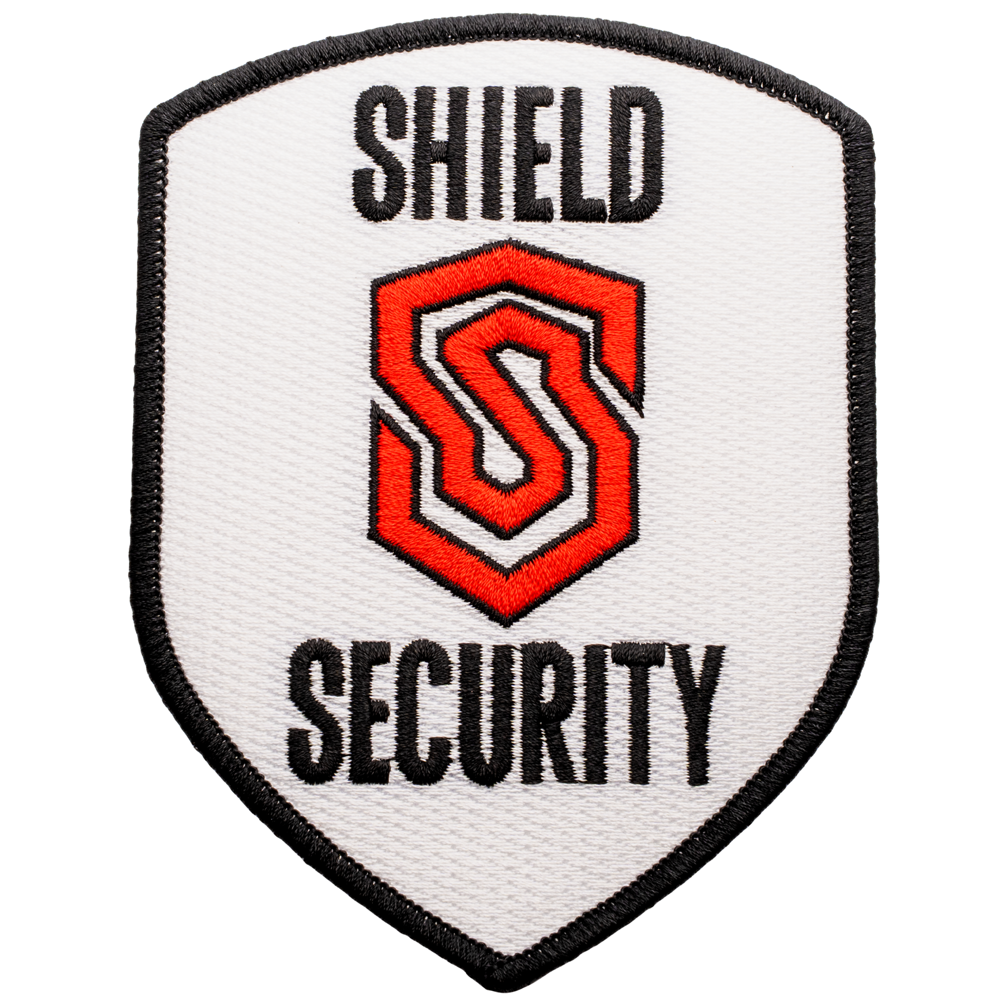 Shield Security uniform patch featuring a red and black stylized S logo on a white background with a black border.