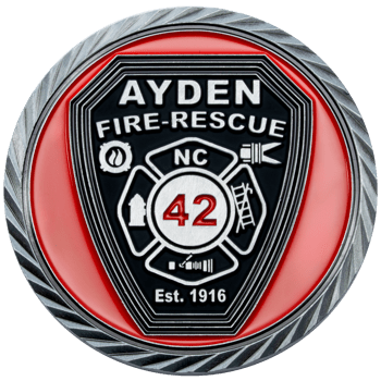 Ayden Fire-Rescue North Carolina challenge coin with number 42, Maltese cross, and red enamel details.