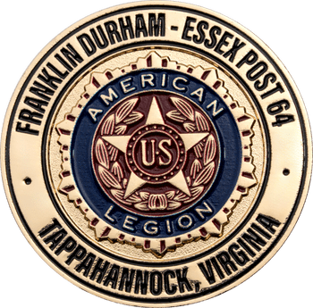 Franklin Durham Essex Post 64 American Legion challenge coin in polished gold with red and blue enamel detailing.
