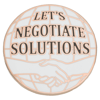 Circular challenge coin featuring 'Let's Negotiate Solutions' text over a globe and handshake design in rose gold and white.