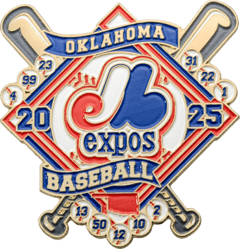 Oklahoma Expos Baseball lapel pin featuring crossed bats, a diamond shape, and jersey numbers on small baseballs.