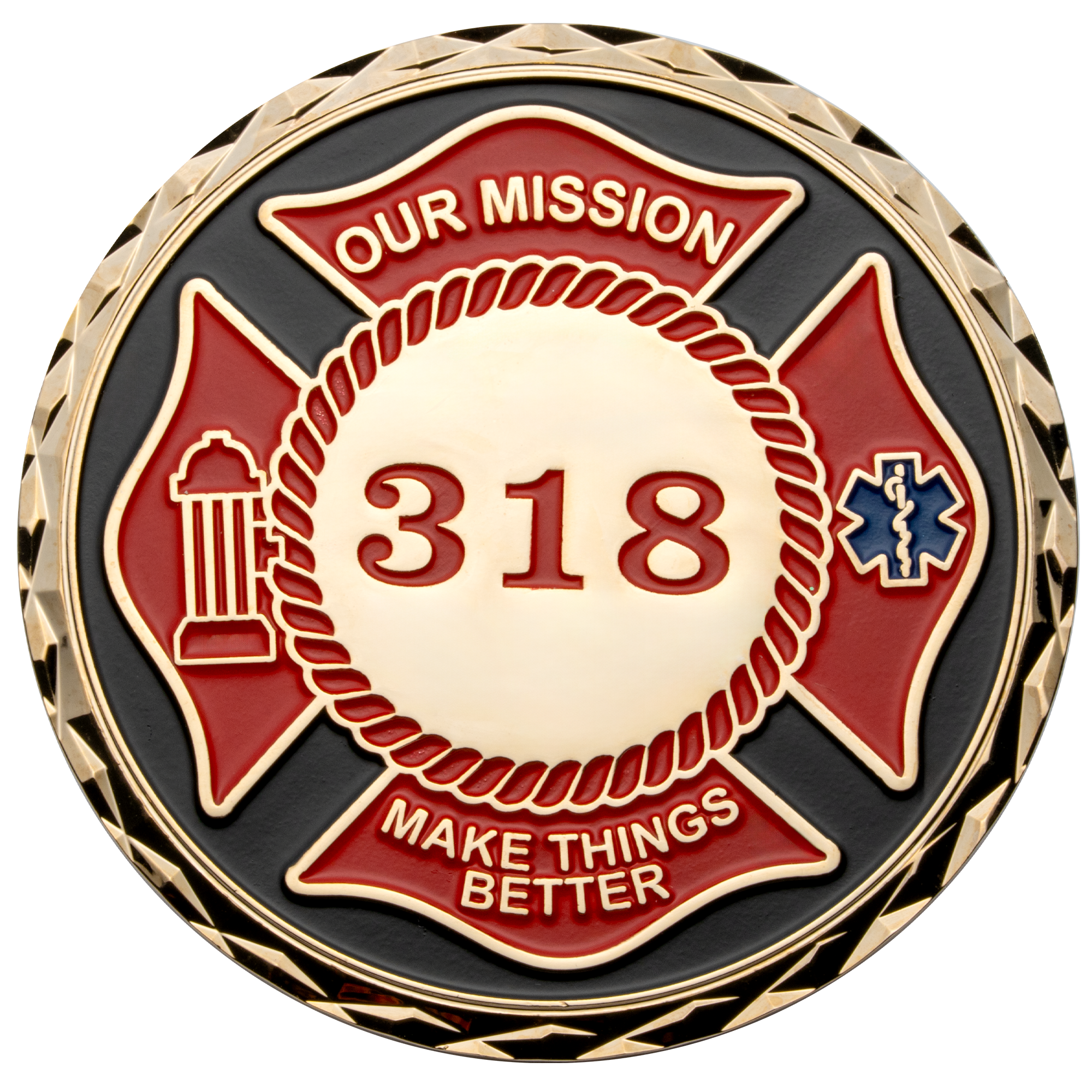 Gold challenge coin featuring a red Maltese cross, the number 318, a fire hydrant, and an EMS Star of Life on a black background.